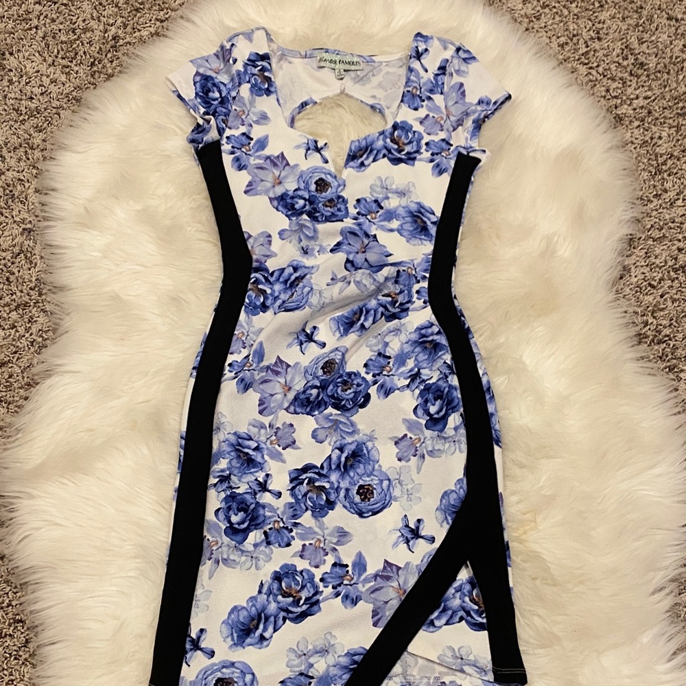 Almost Famous White and Blue Floral Midi Dress with Black Panels